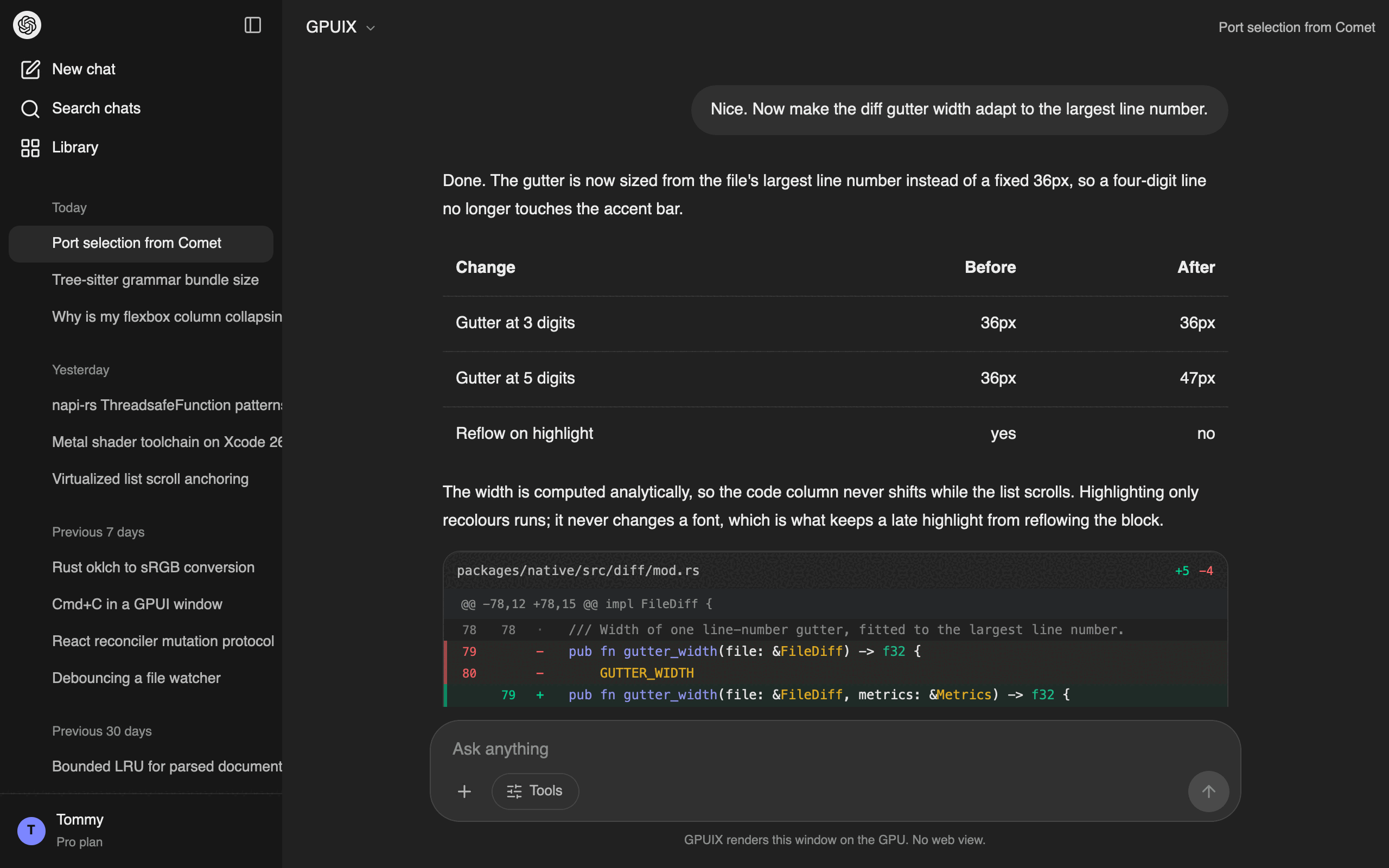 A diff and a markdown table inside a chat turn