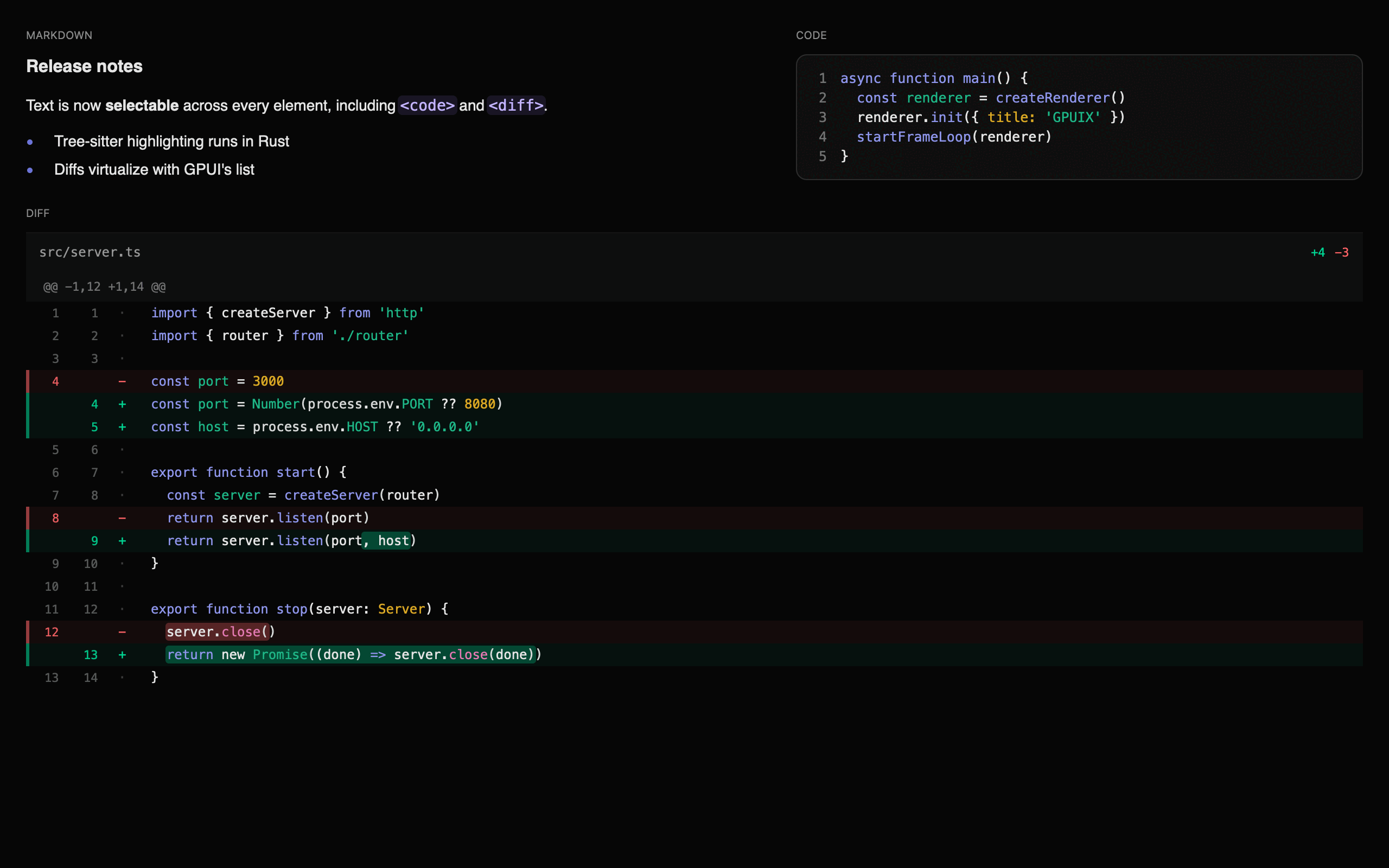 Markdown, code and diff rendered together