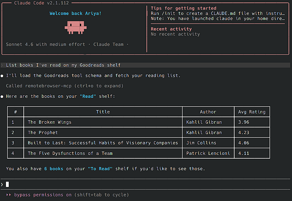 Screenshot of Claude Code using Remote Browser MCP