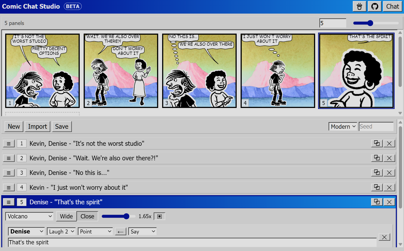 Comic Chat Studio showing a rendered five-panel strip above the panel list and character controls