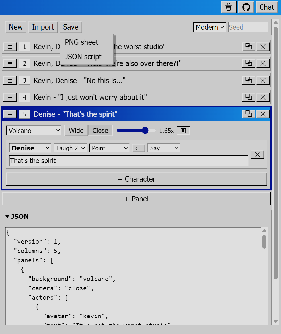 Comic Chat Studio panel list with the Save menu open and the JSON pane below the panel constructor