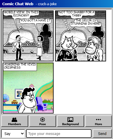 Comic Chat Web mobile view showing a three-panel conversation with the mobile toolbar