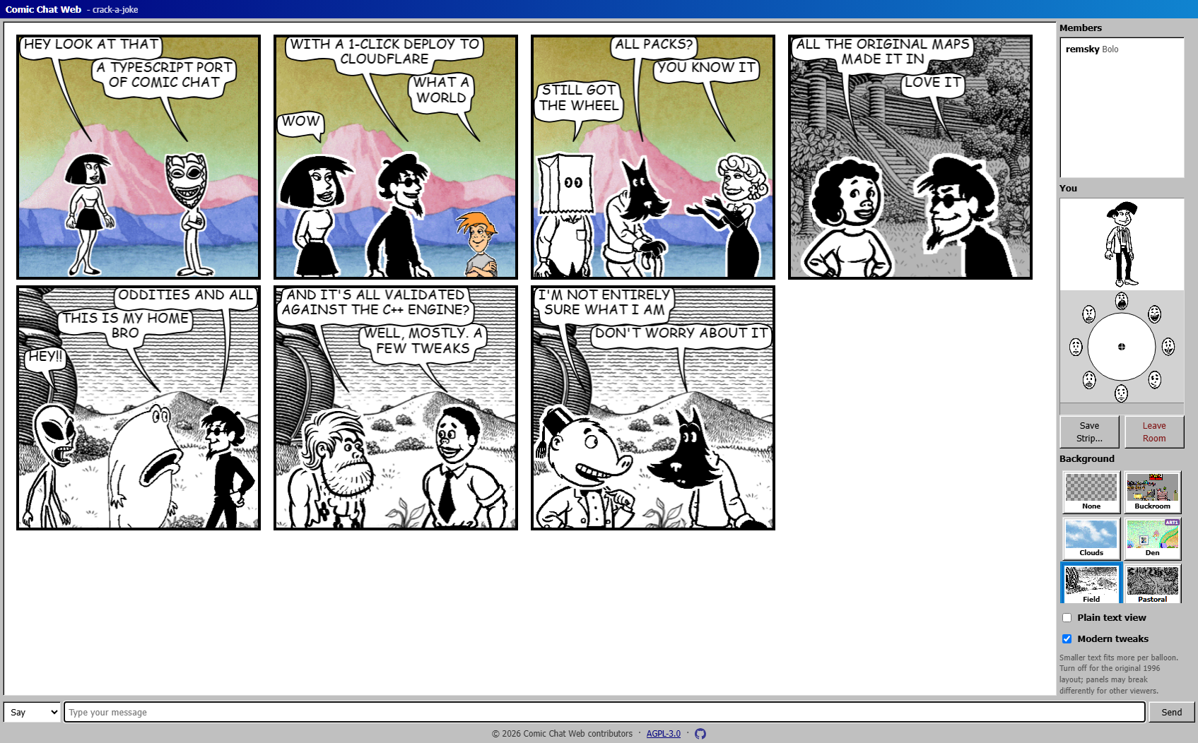 Comic Chat Web interface showing a three-panel conversation, member list, avatar, and emotion wheel