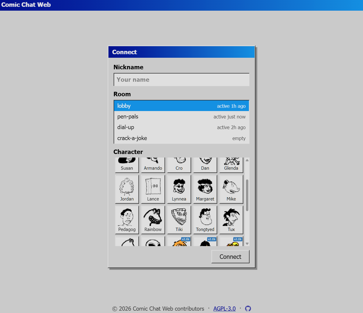 Comic Chat Web connection screen with room, nickname, and character selection controls