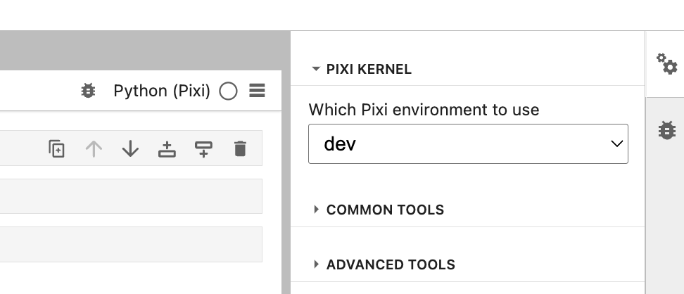 JupyterLab property inspector showing Pixi environment selector