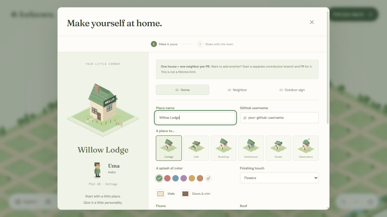 Local builder: Willow Lodge preview beside the Home, Neighbor, and Outdoor sign tabs, username field, house styles, and colors.