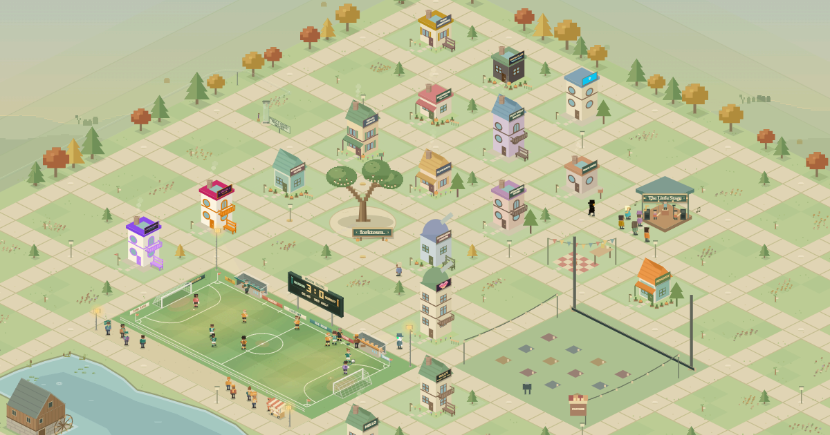 Forktown on an autumn evening: houses around the Lantern Fork, a football match at the Meadow Ground and a concert at the Little Stage.