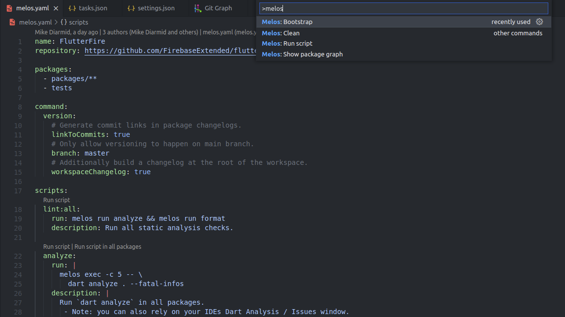 Melos commands in VS Code command palette
