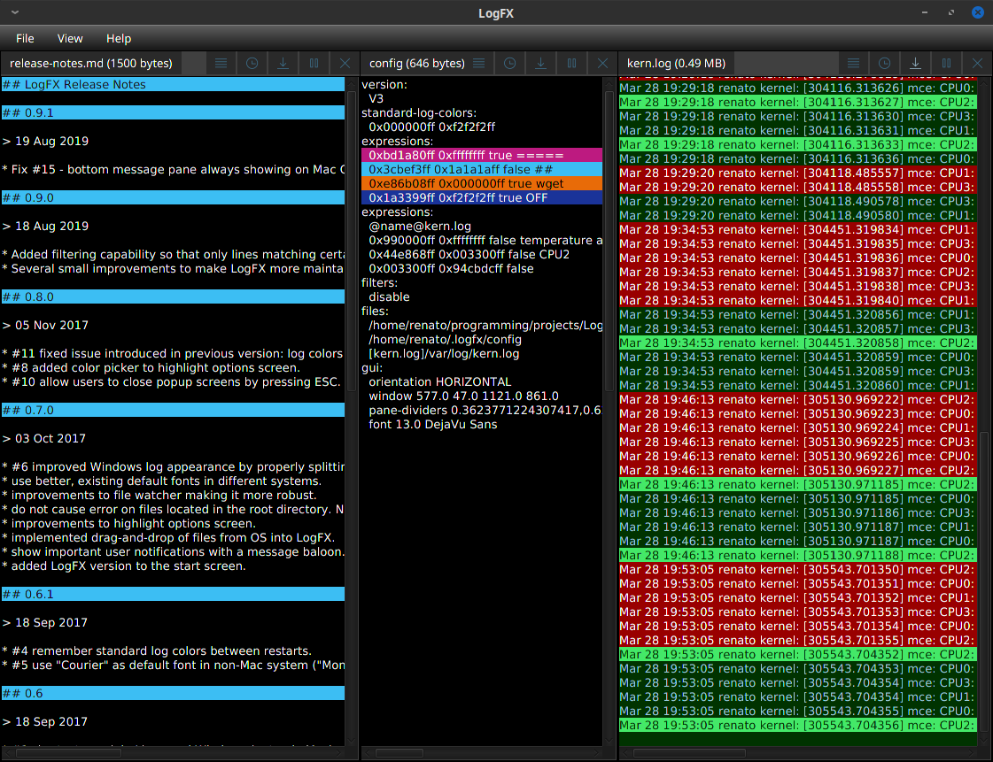 Screenshot of LogFX, an application I wrote myself for viewing log files