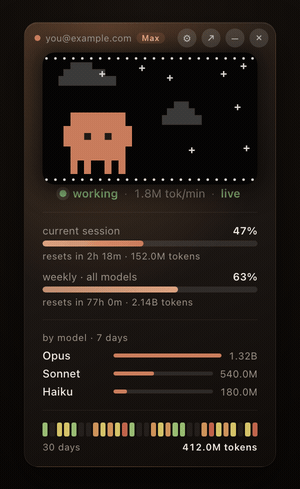 Clauddy — the full widget showing session, weekly, by-model and 30-day usage