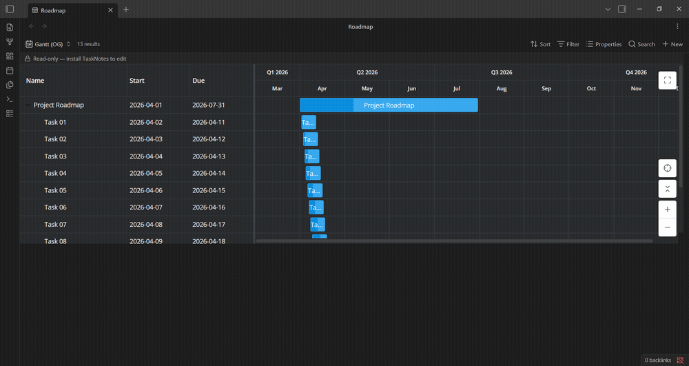 Full screen maximizes within Obsidian; the command palette stays visible above the maximized chart