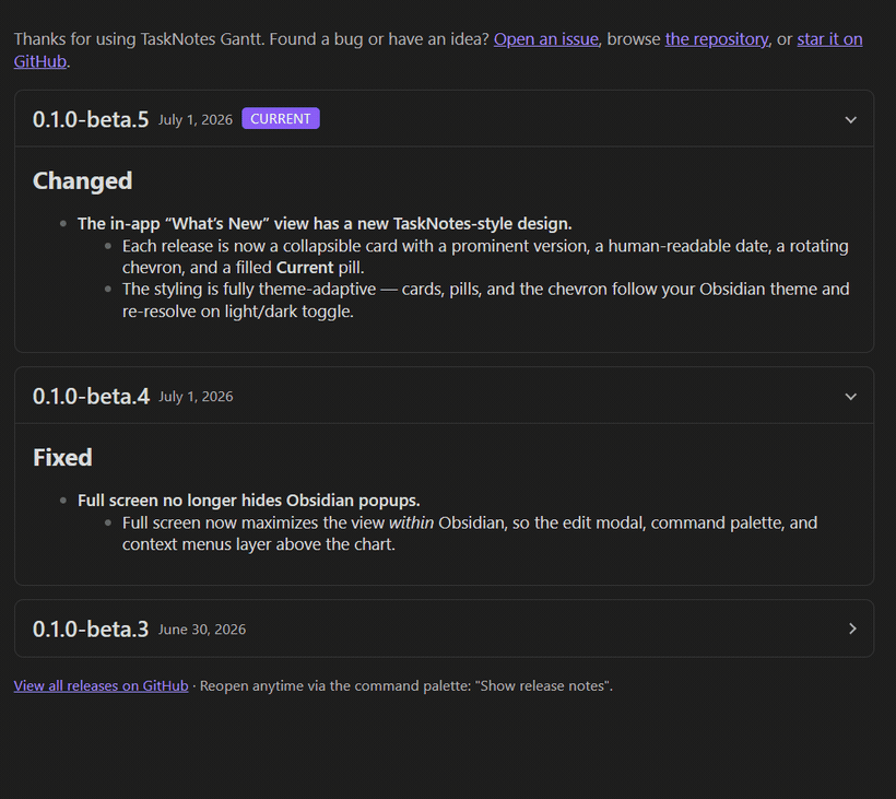 The redesigned What's New view in a dark theme — each release is a collapsible card with a version, date, "Current" pill, and chevron, expanding and collapsing