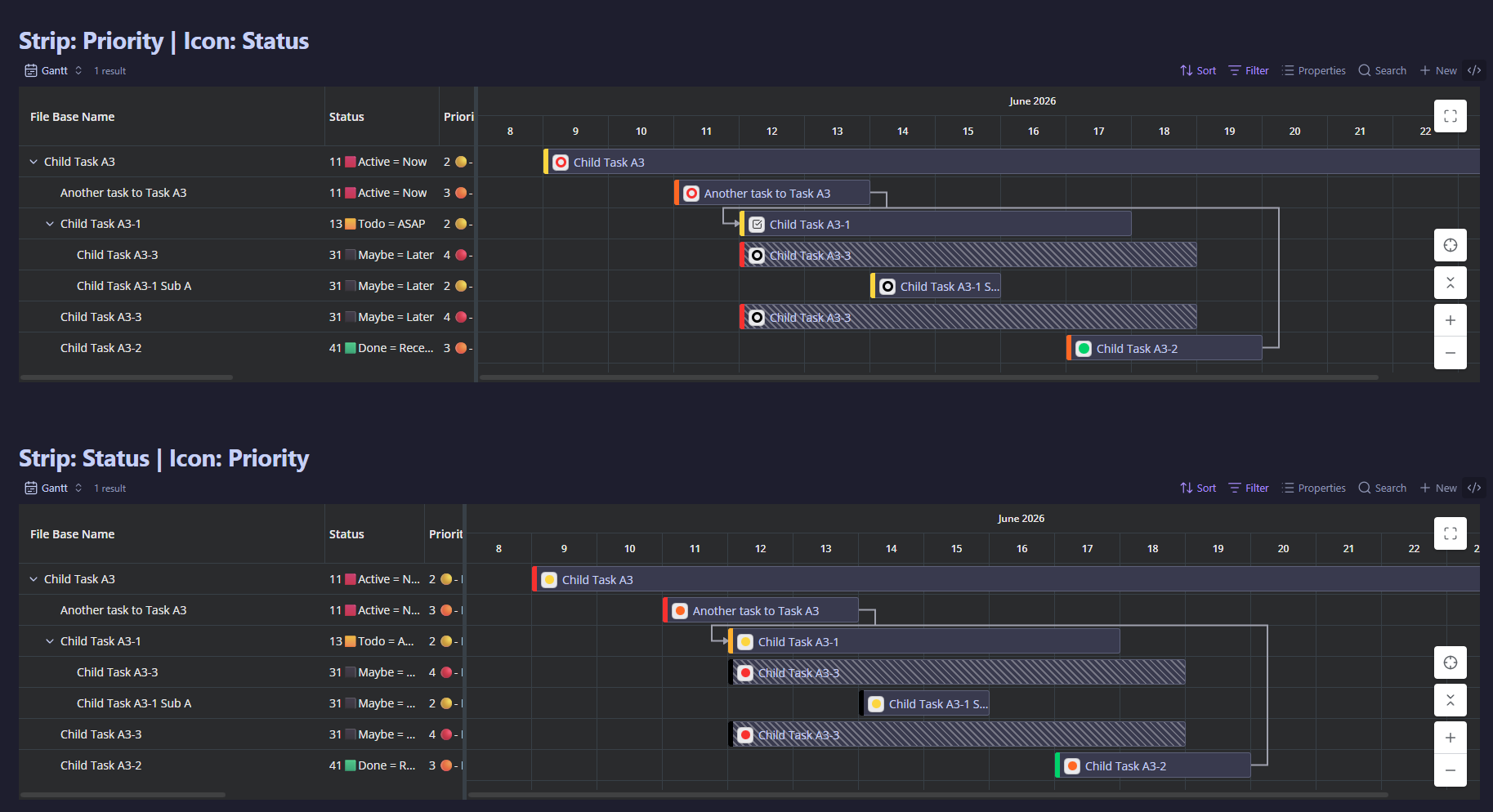 The same two Gantt views in a dark theme, showing the strips and icon chips adapt to the active Obsidian theme