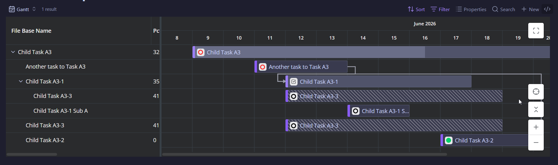 The same Gantt roadmap in a dark Obsidian theme