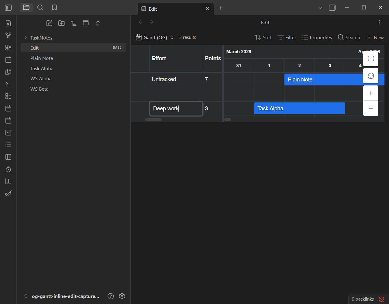 A Gantt grid with a task cell open for inline editing