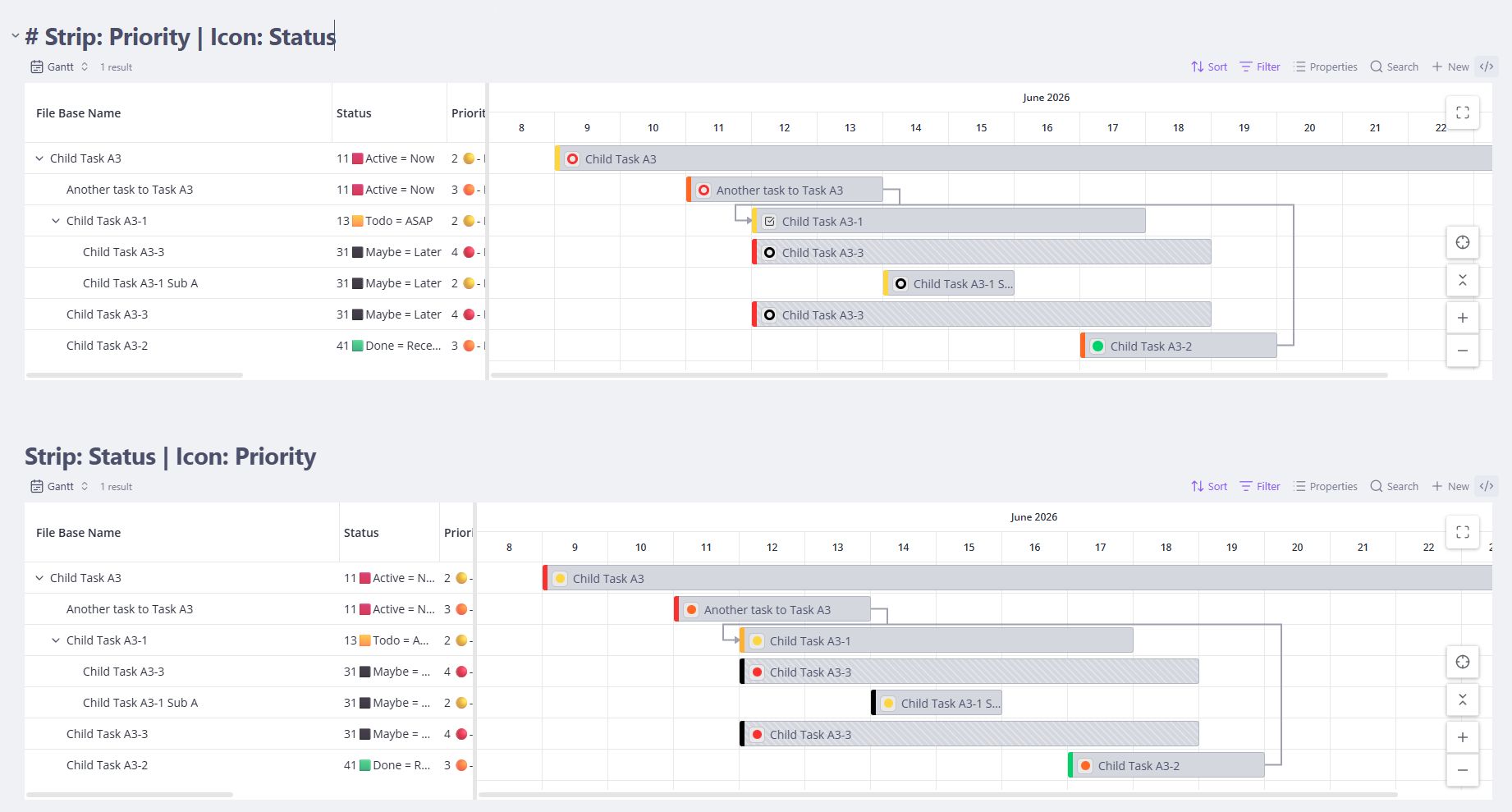 A TaskNotes Gantt view in a light Obsidian theme: task bars with left-edge color strips and on-bar status/priority icon chips