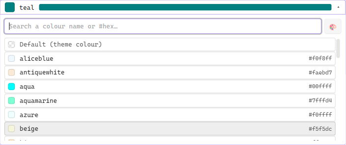 The open colour picker: a search box, a custom-colour button and a list of CSS3 colour names with their hex values