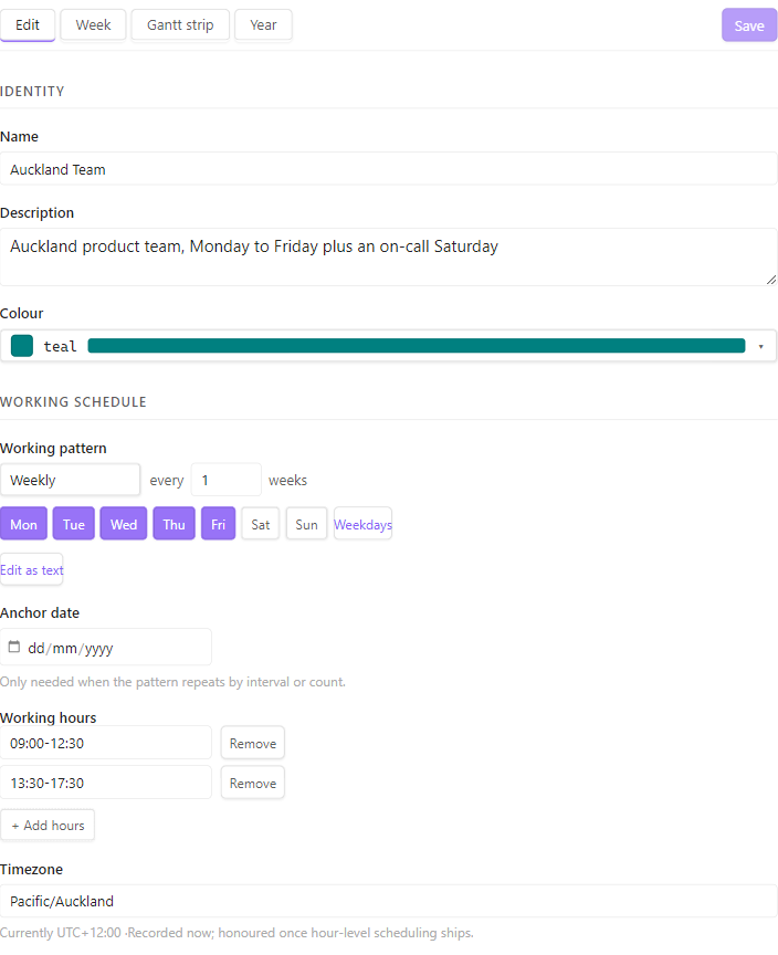 The calendar editor's Edit tab for an Auckland team calendar: the four tabs and Save at the top, then the Identity and Working schedule groups