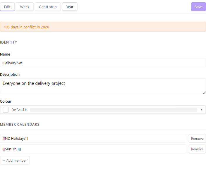 The editor for a calendar set: a status line reporting days in conflict, then Name, Description, Colour and two member calendars written as wikilinks