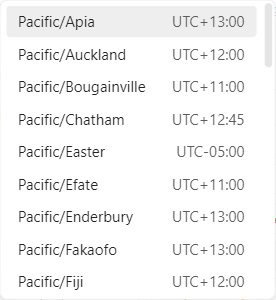 The timezone suggestions for "Pacific", each zone listed with its current UTC offset