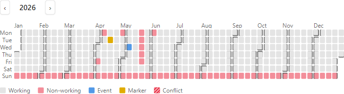 The Year tab for 2026: every Sunday non-working, the April to June holidays and the office move marked, one event and one marker, light theme