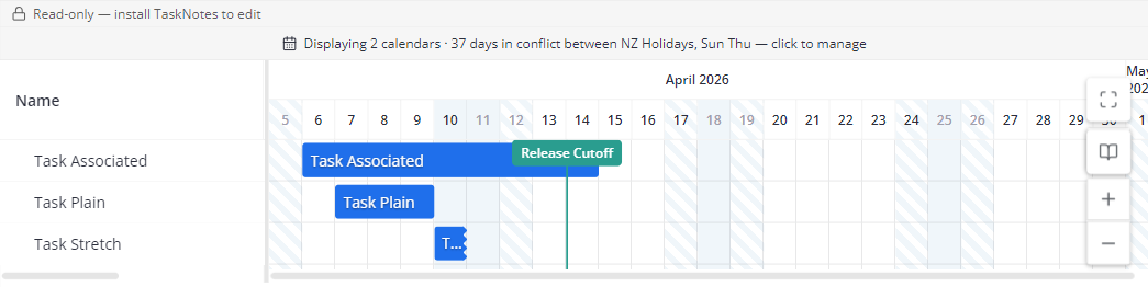 A day-scale chart shading NZ Holidays and Sun Thu: Fridays and Sundays striped, Saturdays and the Friday 10 April holiday plainly shaded, a Release Cutoff marker on 14 April, and the banner reading Displaying 2 calendars · 37 days in conflict between NZ Holidays, Sun Thu, light theme
