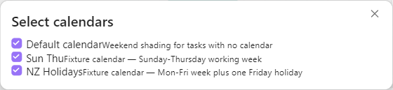 The Select calendars dialog: Default calendar, Sun Thu and NZ Holidays, all ticked, each followed by its description