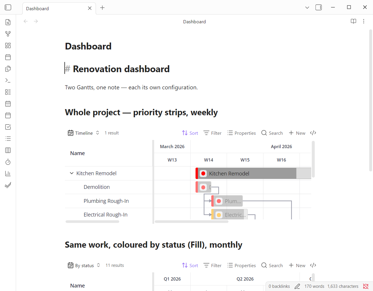 A note with two embedded base blocks, each a Gantt at a different scale and colour configuration, in a light theme