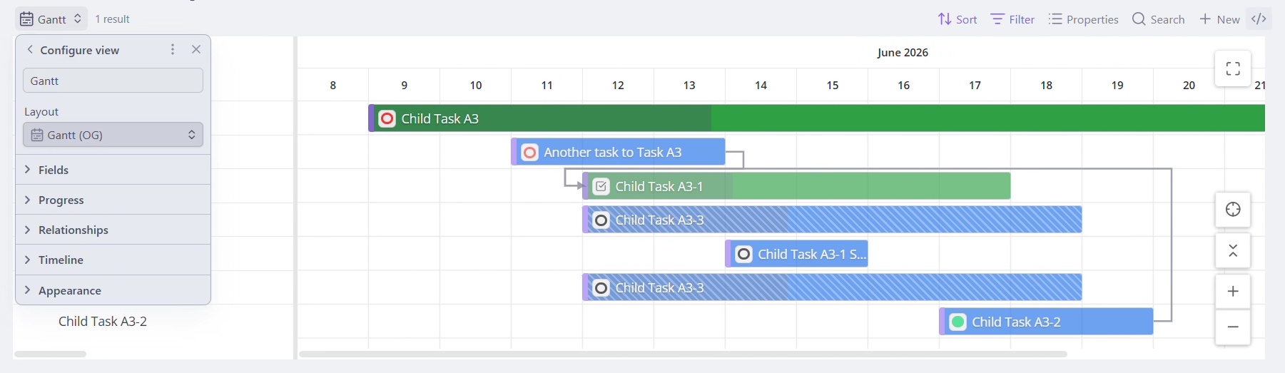 The Gantt view-settings menu with its collapsible option groups
