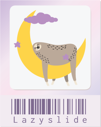 The LazySlide logo with a sloth lying belly down on a moon, all inside a glass slide with a barcode.