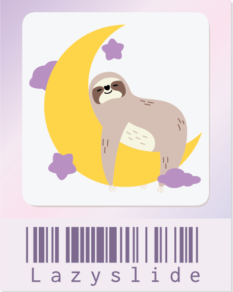 The LazySlide logo with a sloth lying belly down on a moon, all inside a glass slide with a barcode.