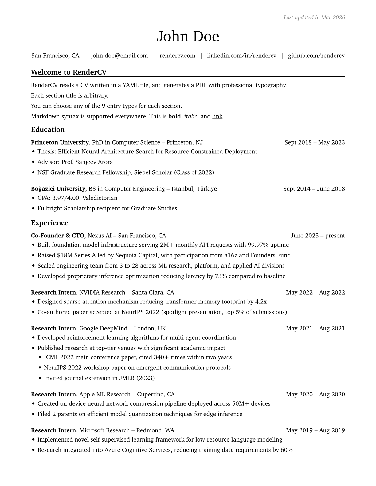 Engineeringresumes Theme Example of RenderCV