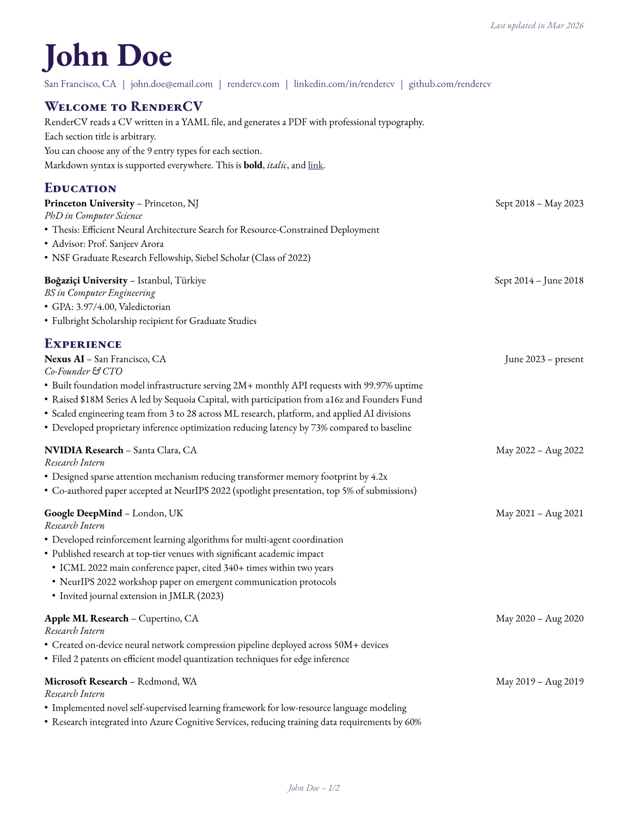 Ink Theme Example of RenderCV