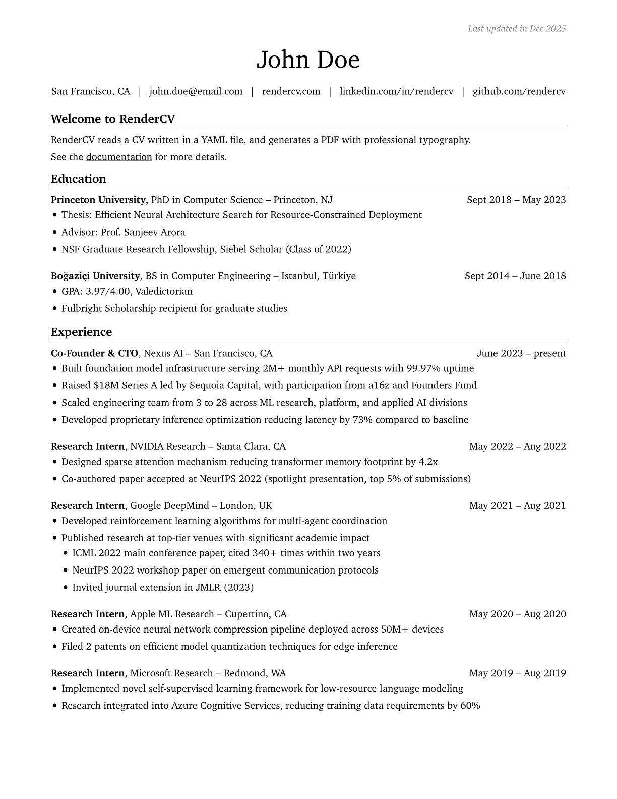 Engineeringresumes Theme Example of RenderCV