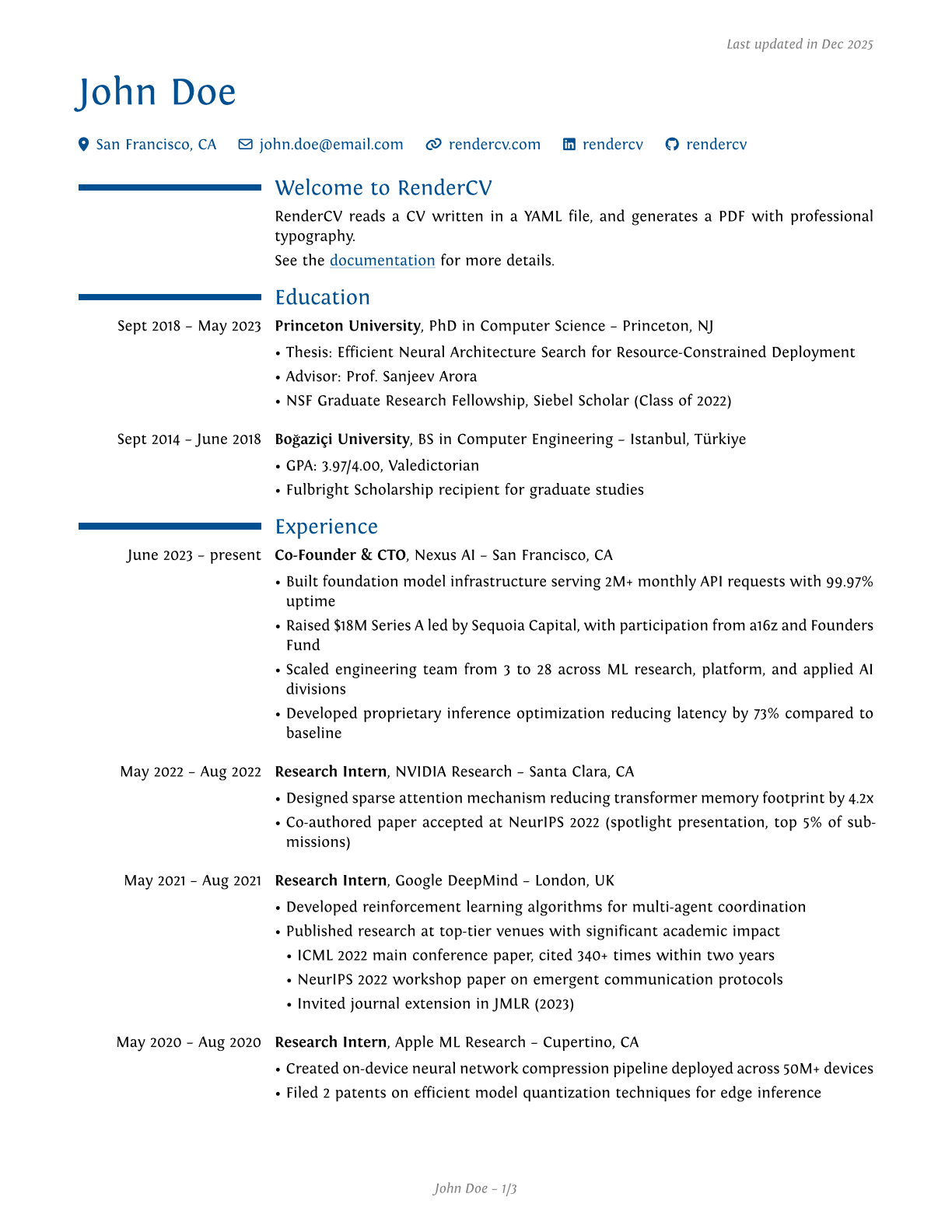 Moderncv Theme Example of RenderCV