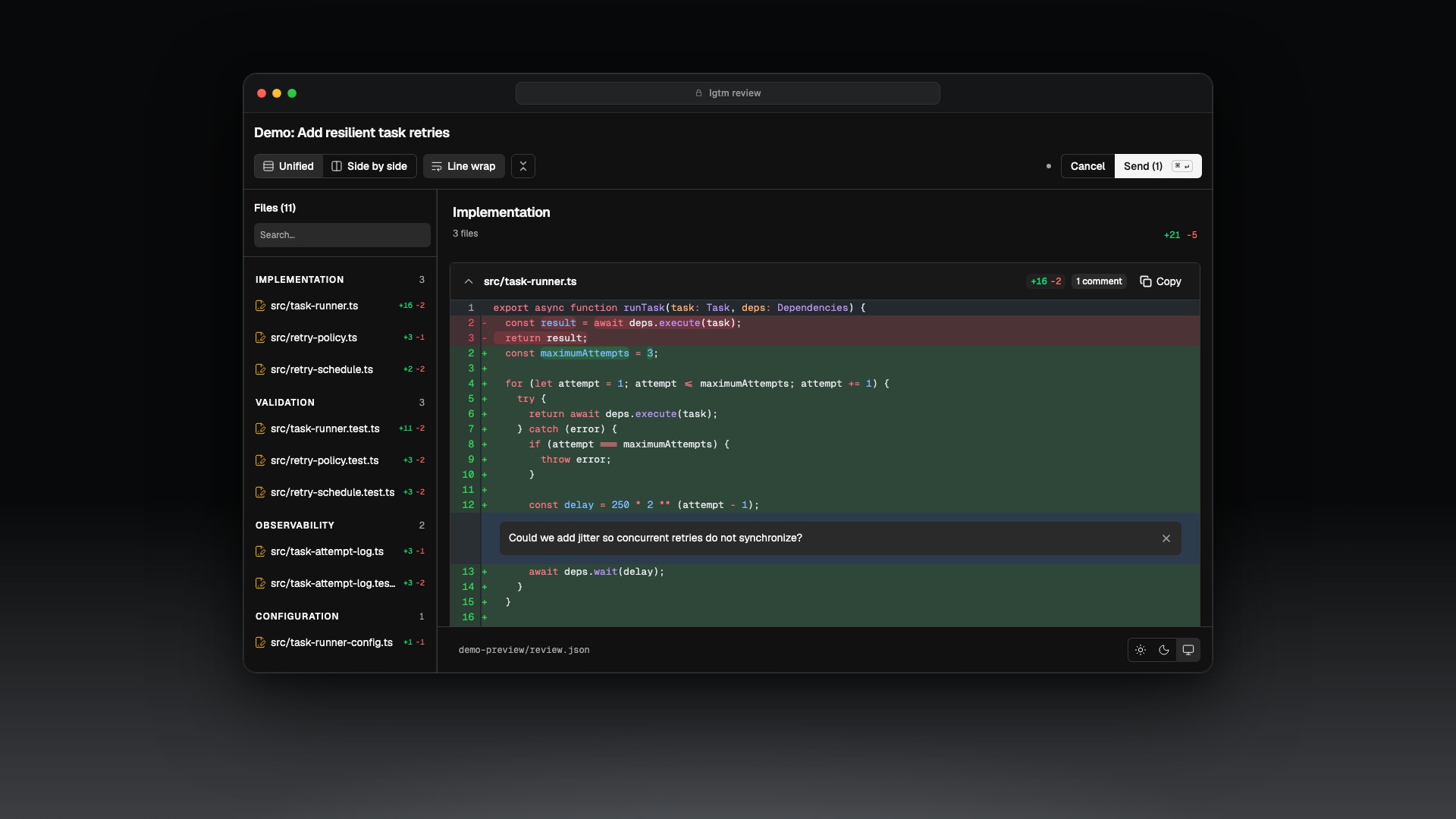 LGTM reviewing and commenting on a TypeScript diff