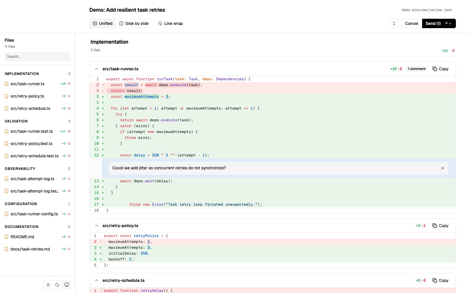 lgtm reviewing and commenting on a TypeScript diff