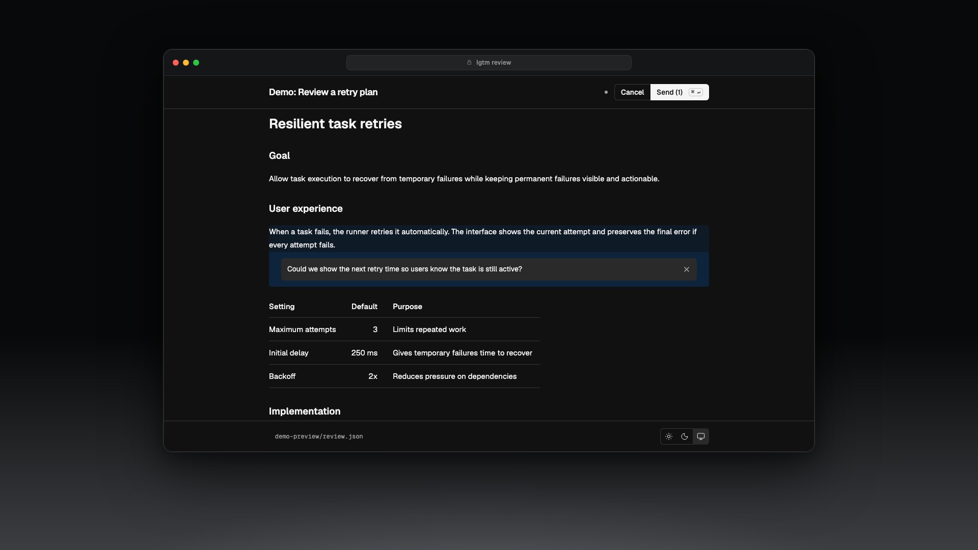 LGTM reviewing and commenting on a rendered Markdown implementation plan