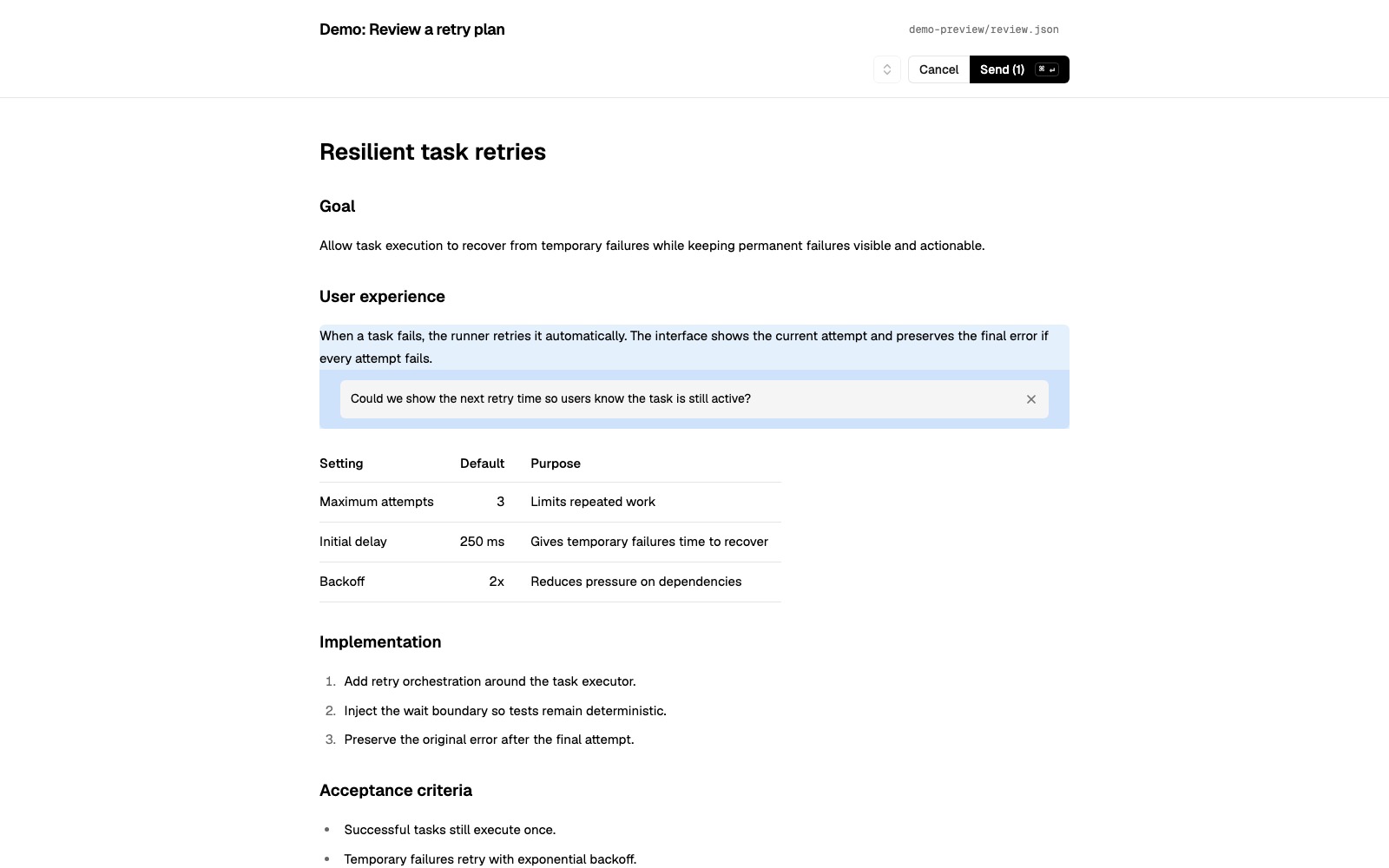 lgtm reviewing and commenting on a rendered Markdown implementation plan