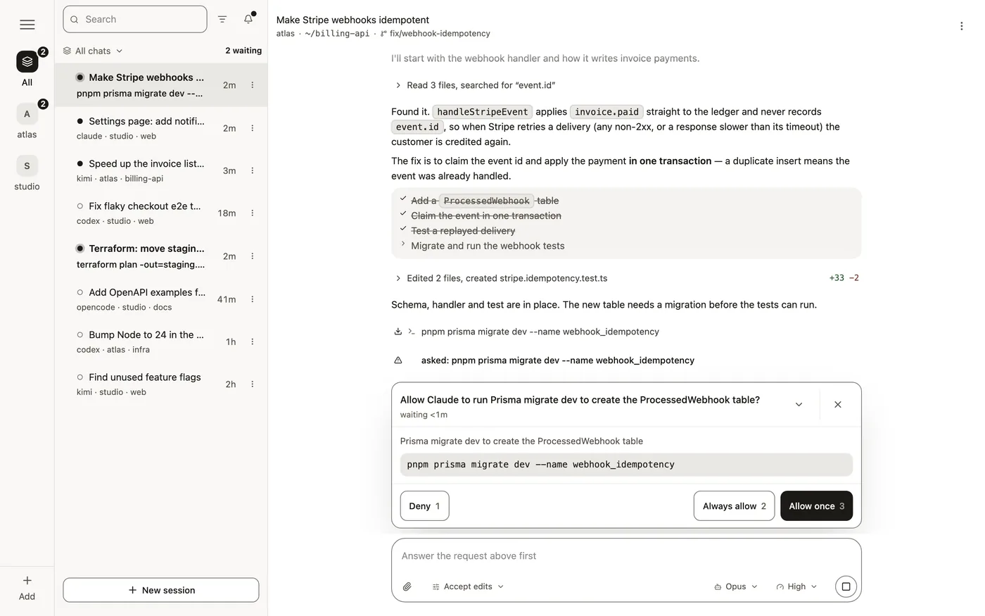 Reemoat on a desktop: sessions from several agents on the left, and Claude asking to run a database migration