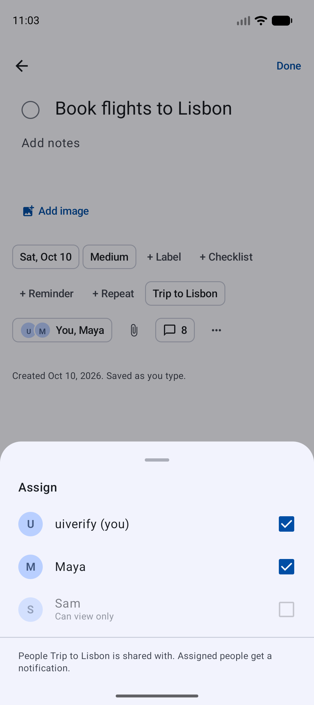 The Assign sheet: you and Maya are ticked, Sam can view only