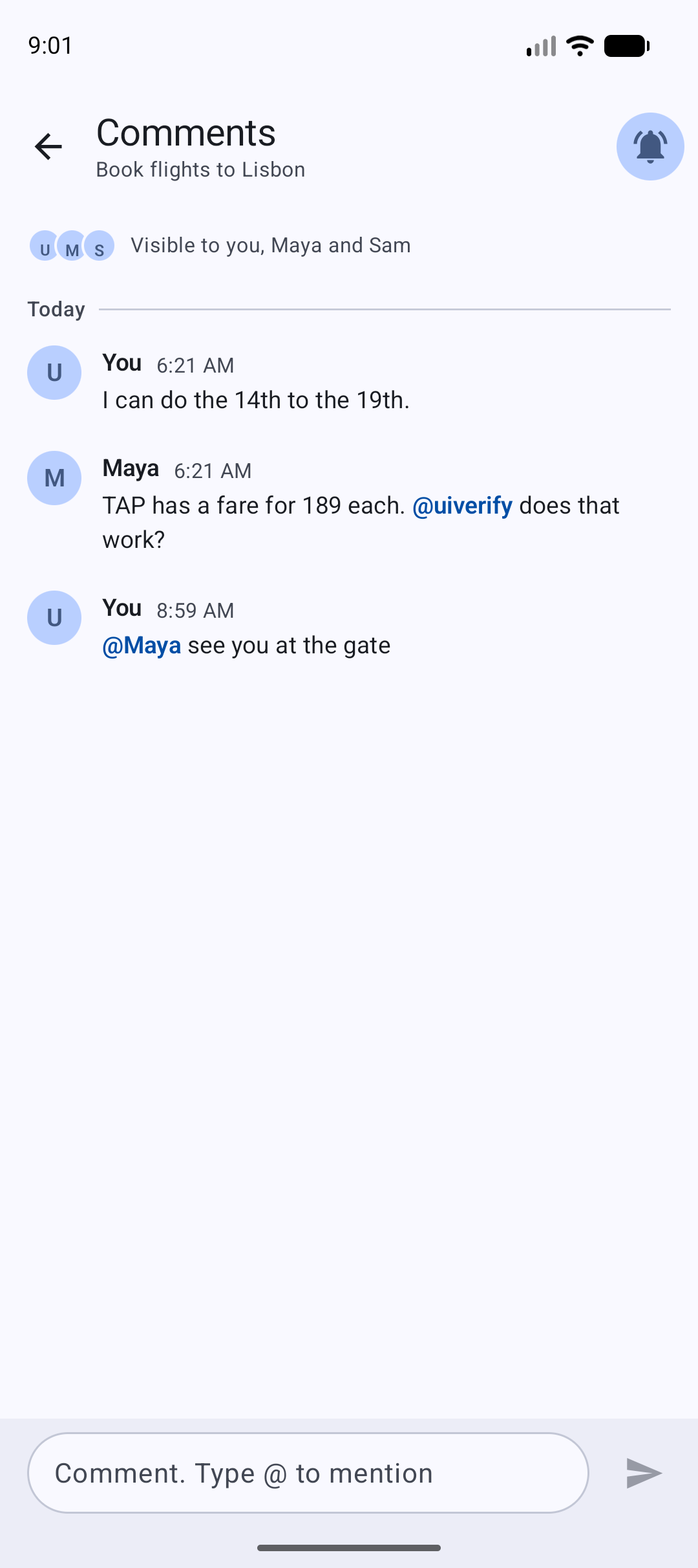 The Comments screen of a shared task: three comments with mentions and the composer