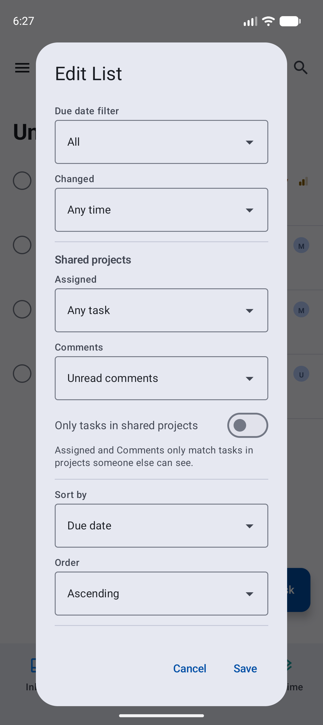 The list editor with Changed and the Shared projects section