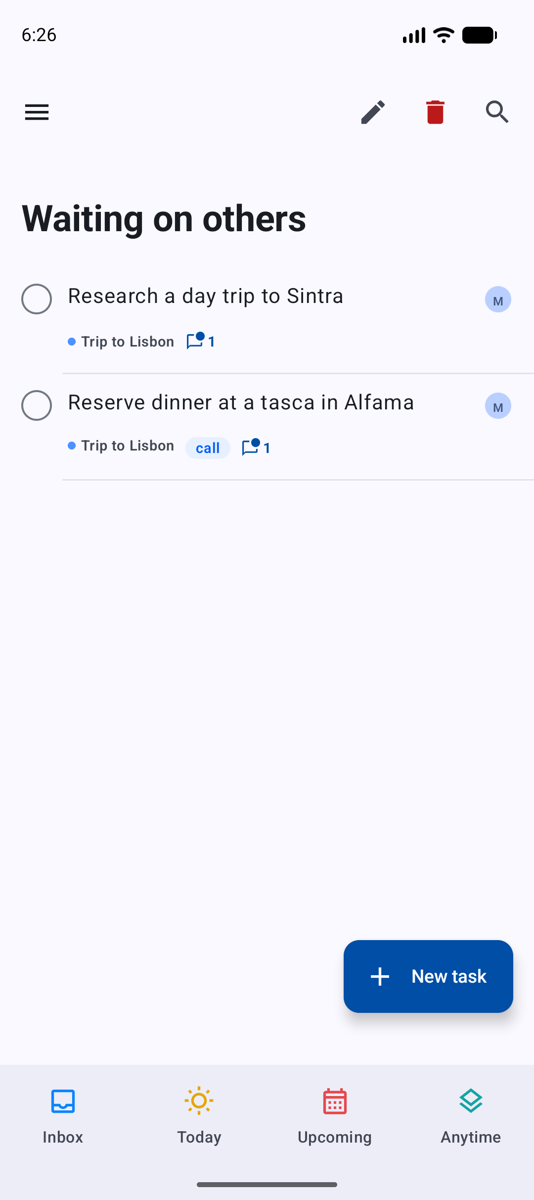 A custom list Waiting on others with two tasks assigned to Maya
