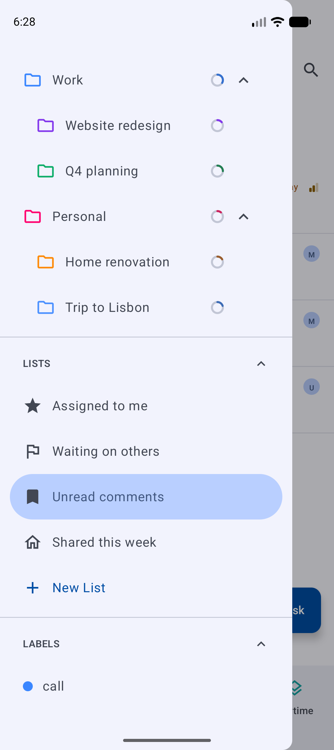The drawer with four lists: Assigned to me, Waiting on others, Unread comments, Shared this week