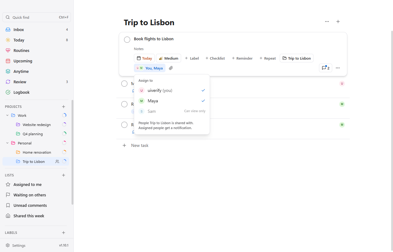 The Assign list of a task in a shared project: you and Maya are ticked, Sam can view only