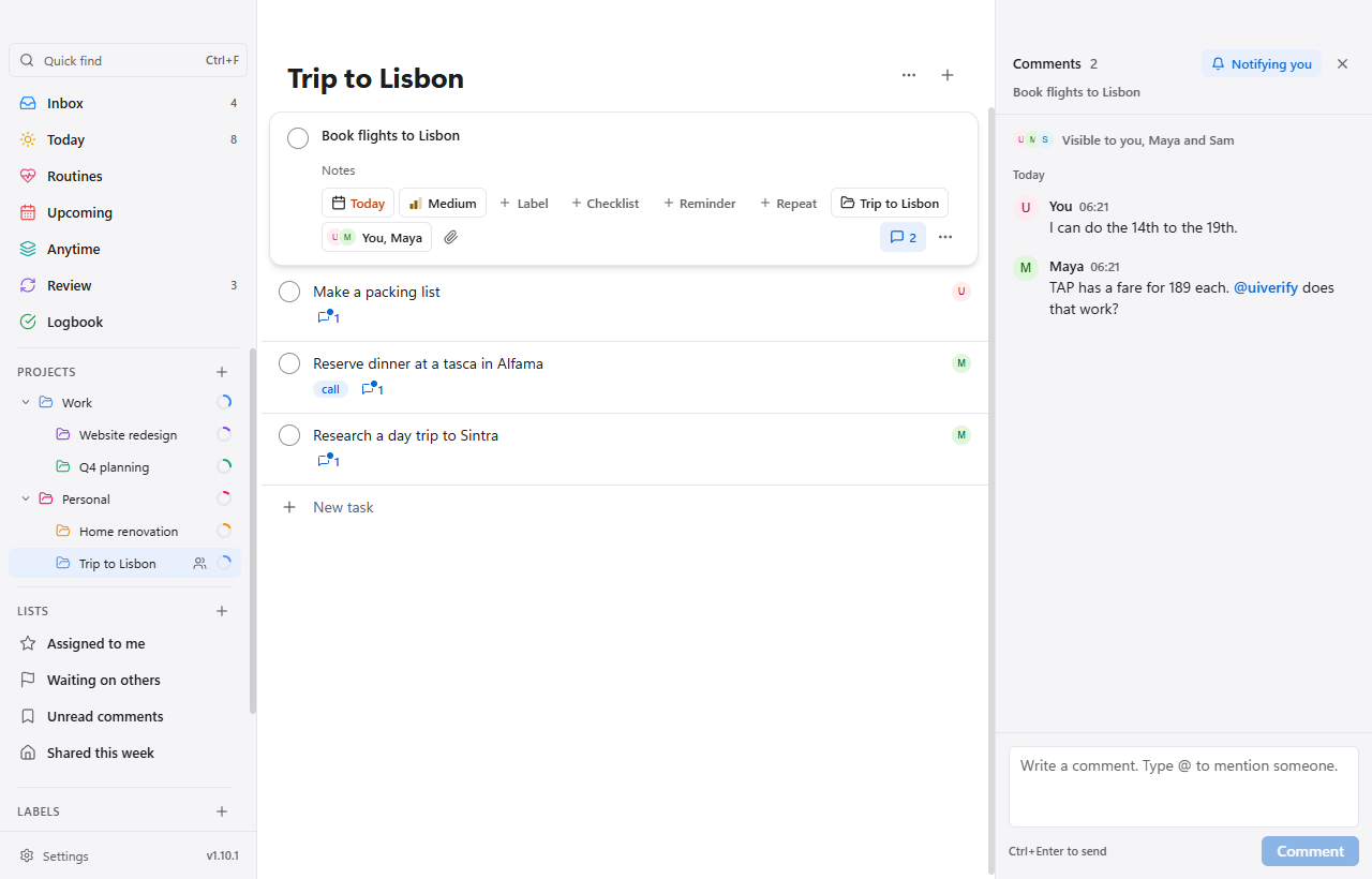 The comments pane beside a shared project: two comments, one with a mention, and the composer