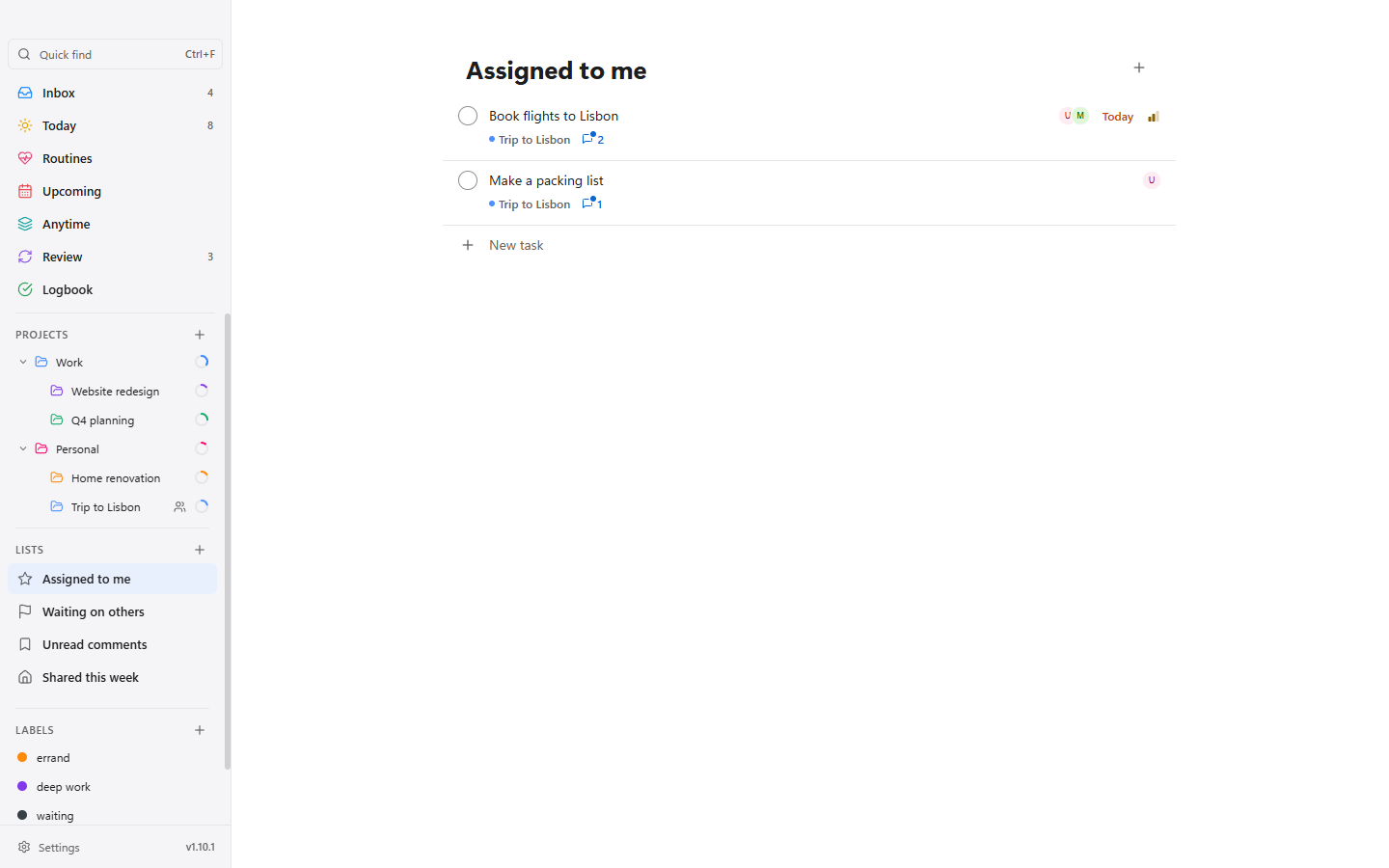 A custom list Assigned to me with the flights and packing list tasks