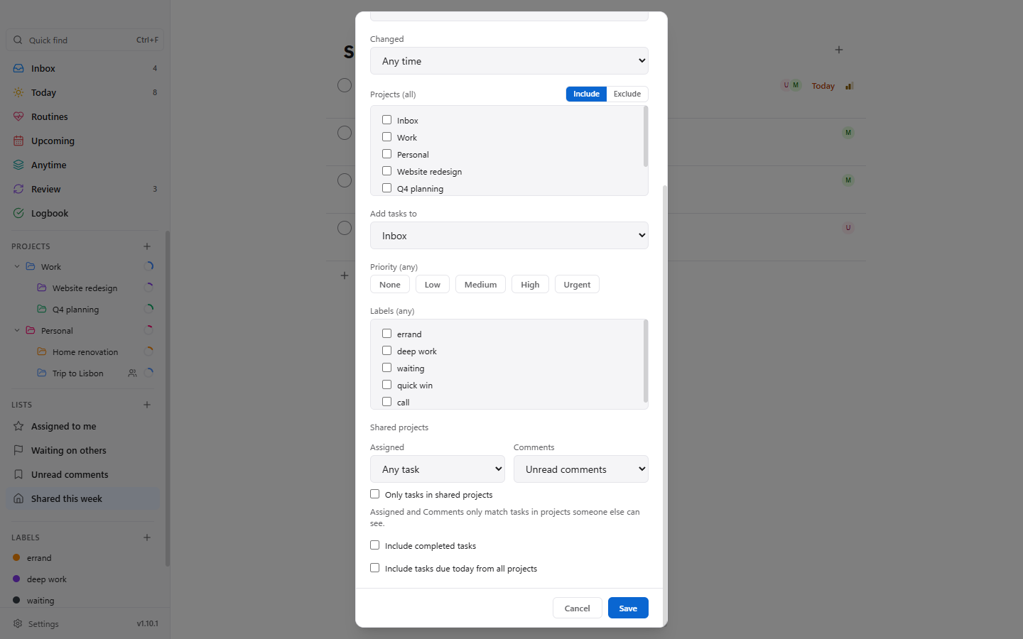 The list editor with the new Shared projects section: Assigned, Comments and Only tasks in shared projects