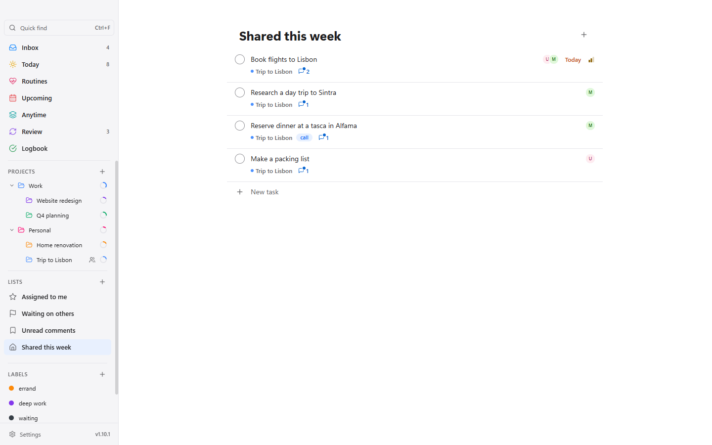 A custom list Shared this week: the open tasks of the shared project